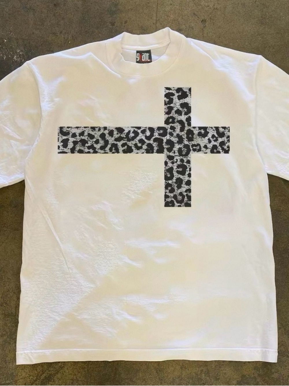 White Graphic Tee with Black Leopard Cross size S/M